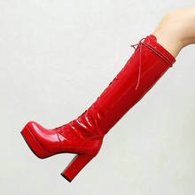 Botas femininas de couro artificial, sapatos plataforma de salto alto grosso com zíper, preto e vermelho 2024 - compre barato