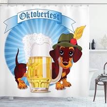 Amarelo marrom oktoberfest cortina de chuveiro dachshund cachorro chapéu e cerveja cerveja em fundo listrado impressão cortina do banheiro 2024 - compre barato