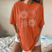 Camiseta de verão das mulheres sun moon print topo t design feminino solto manga curta casual em torno do pescoço impresso t camisa da forma tshirt roupas femininas 2024 - compre barato