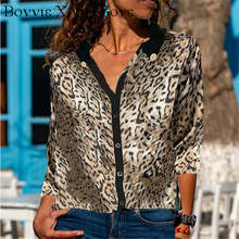 Women Turn-down Collar Leopard Long Sleeve Button-up Blouse Casual Chic Shirt 2024 - buy cheap