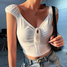 2020 Summer Short T Shirts Women Sleeveless Solid Color V Neck Lace Up Slim Skinny Club Holiday casual Sexy Fashion Crop Tops 2024 - buy cheap