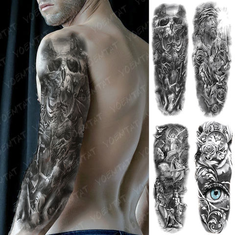 Большая татуировка на рукавах, дьявол, сатана, Люцифер, водонепроницаемая временная татуировка, стикер, молитва, ангел, боди-арт, полностью поддельные татуировки для мужчин 2022 - купить недорого