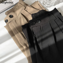 Calça feminina liso botão simples, pernas largas, moda casual estilo coreano, para escritório 2024 - compre barato
