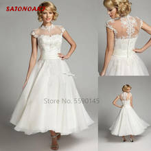 Vestido de noiva feminino, vestido de noiva curto de gola alta, estilo vintage, várias cores, com renda marfim 2024 - compre barato