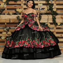 Vintage Black Embroidery Quinceanera Dresses Sweetheart Ball Gown Mexican Sweet 16 Dress 2021Puffy Satin Formal Reception Dress 2024 - buy cheap