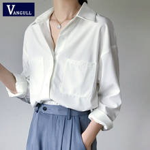Blusa feminina elegante com gola virada bolsos, camiseta branca empilhável para mulheres, roupas de trabalho, primavera 2021 2024 - compre barato