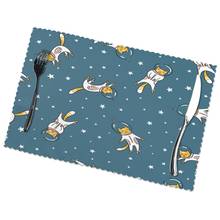 Conjunto de 6 engraçado gato astronauta no espaço placemats para mesa de jantar lugar esteira na cozinha acessórios copo vinho 2024 - compre barato