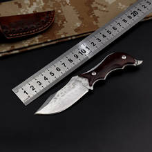 Cuchillos rectos de acero de Damasco para supervivencia al aire libre, cuchillos de caza con mango de madera, cuchillo de hoja fija de acero de Damasco 2024 - compra barato