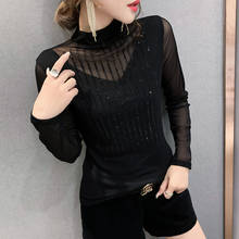 #5524 Black Red Brown Sexy Mesh T Shirt Women Long Sleeved See Through Turtleneck T Shirt Women Diamonds Slim Stretch Top Female 2024 - buy cheap