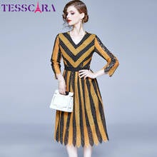 TESSCARA Women Spring & Autumn Elegant Stripe Lace Dress Female Office Cocktail Party Robe High Quality Designer Casual Vestidos 2024 - buy cheap