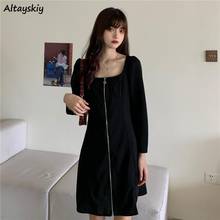 Vestidos femininos com zíper gola quadrada, estilo coreano, tendência popular, clube, festa, slim, temperamento, ulzzang, elegante, rua, feminina 2024 - compre barato