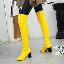 2021 Autumn Winter Fashion Over the Knee Boots Soft Pu Leather Square High Heel Knee High Boots Zipper Female Boots Yellow Black 2024 - buy cheap