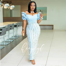 New Design Mint Blue Sheath Long African Prom Dresses Off The Shoulder Short Sleeves Beading Black Girls Formal Occasion Dress 2024 - buy cheap