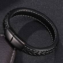 Black Leather Bracelet Men Black Stainless Steel Magnetic Clasps Male Wrist Band Fashion Jewelry Bangles Gifts S0019H 2024 - buy cheap