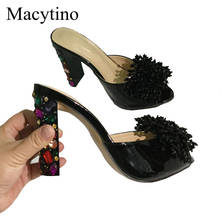 Shiny Black Leather Fringed High Heel Slides Summer Formal Dress Shoes Women Mules Jeweled Heel Shoes 2024 - buy cheap