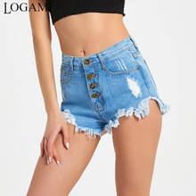 Logami cintura alta botão rasgado denim shorts feminino sexy praia curto jeans para mulheres shorts casuais 2024 - compre barato