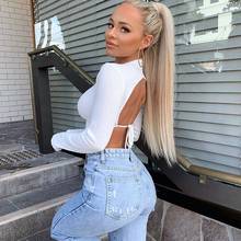 Womens Summer Long-sleeved Crop Top Solid Color Backless Lace up Bow knot tied Irregular Hollow Bandage High Neck T-shirt 2024 - buy cheap