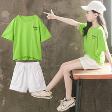 Venda quente meninas roupas de moda crianças verde limão manga curta t-shirts + cor sólida calças curtas verão adolescente conjunto 2024 - compre barato