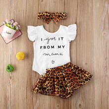Conjunto de roupas para meninas com 3 peças, macacão com cartas e babados, blusa + shorts de leopardo + tiara 2024 - compre barato