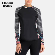 Charmleaks-traje de baño de manga larga para mujer, ropa de baño con estampado Floral a rayas, Top de surf, camisa de buceo, UPF 50 + 2024 - compra barato