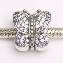 S925 Silver  Bead DIY Jewelry Sparkling Butterfly Charms fit Lady Bracelet Bangle Girl Gift Purple CZ 2024 - buy cheap