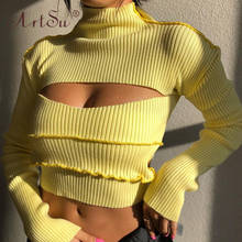 ArtSu Chest Cut Out Turtleneck Long Sleeve Patchwork Slim Spring T Shirts Fashion Yellow Crop Top Women Hollow Out Streetwear 2024 - buy cheap