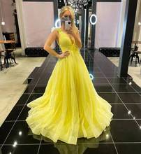 Sexy A-Line Long Yellow Tulle Evening Dresses Floor Length Lace Up Back Pleated Formal Party Dress for Women 2024 - buy cheap