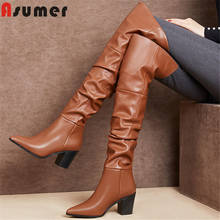 Asumer-botas femininas de couro legítimo, calçado de salto alto, festa, baile, outono e inverno, com pregas, sobre a coxa 2024 - compre barato