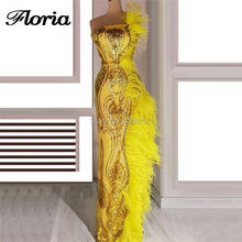 Yellow Sequins Prom Dresses Elegant Feathers Dubai Evening Dress Turkish Kaftans Long Formal Prom Gown Robe De Soiree 2019 Dubai 2024 - buy cheap