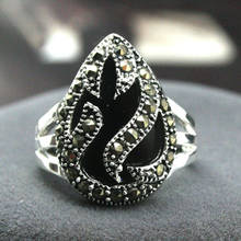 11*14mm novo embutimento preto pedra natural gemas marcasite 925 prata esterlina anel tamanho 7/8/9/10 2024 - compre barato