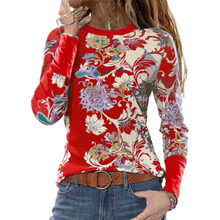 Spring Autumn Women Long Sleeve T-Shirt Casual Boho Print Tee Pullover Red Tops Ladies Streetwear Shirt Fashion Women Clothes 2024 - buy cheap