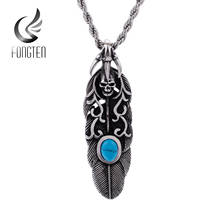 Fongten Vintage Black Skull Feather Pendant Men Stainless Steel Blue Marble Stone Punk Pendants Male Fashion Jewelry 2024 - buy cheap