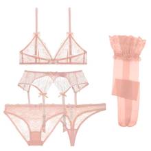 Cyhwr comfortab conjunto de lingerie renda sexy, lingerie grátis com fio, transparente profundo em v 2020, sutiã + tanga + calcinha + ligas + meias, 5 peças 2024 - compre barato