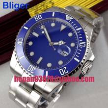 Bliger-relógio masculino miyota 8215, vidro safira, automático, mostrador azul esterilizado, moldura de cerâmica azul luminosa, 43mm 2024 - compre barato