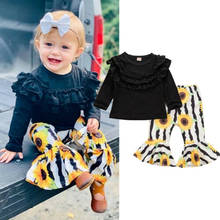 2019 New Kids Girl Long Sleeve Cotton T-shirt Tops Sunflower Striped Sunflower Flared Pant Bell Bottom 2PCS Girls Clothing Set 2024 - buy cheap