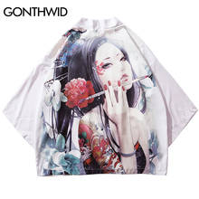 GONTHWID Japanese Style Gril Flowers Print Kimono Cardigan Haori Jackets Streetwear Men Hip Hop Kimono Cardigan Shirts Coat 2024 - buy cheap