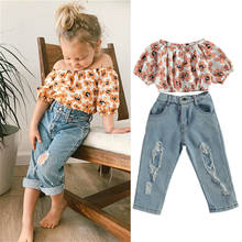 2021 New Children Girls Summer Baby Off-shoulder Short Sleeve Floral Tops + Ripped Denim Pant Jeans Kids Girls Clothes Sets 2024 - buy cheap