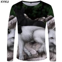 KYKU Wolf T shirt Men Long sleeve shirt Animal Cool New Hip hop Black Anime Clothes Japan Mens Clothing Fashion Man Slim 2024 - buy cheap