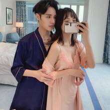 Spring matching pure silk pajamas ladies sexy halterneck nightgown two-piece men's nightgown lounge intimate lingerie homewear 2024 - buy cheap