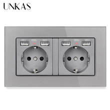 UNKAS 2 Gang EU Standard Gray Tempered Crystal Glass Panel Wall Socket With 4 USB Charge Port Hidden Soft LED Indicator Outlet 2024 - buy cheap