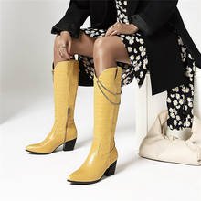 Ymechic botas longas de salto alto, calçados femininos com textura de couro pu, estilo ocidental, na moda, amarelo e branco, preto, sapato para inverno 2024 - compre barato