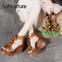 Johnature High Heels Sandals Genuine Leather Women Shoes 2022 New Summer Retro Zip Wedges Casual Flower Platform Ladies Sandals 2024 - buy cheap