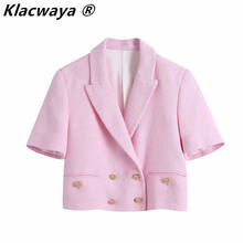 Klacwaya Za Women Fashion Double Breasted Pockets Short Sleeve Texture Blazers Buttons 2021 Spring New Pink Short Coat Suit Set 2024 - buy cheap