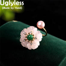 Uglyless-anillo con cristales rosas naturales Sakura para mujer, joyería Floral de gran tamaño, anillos de perlas de agua dulce, anillo abierto de plata 925 dorado 2024 - compra barato