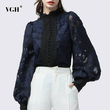 VGH-camisa de empalme transparente para mujer, blusa negra Vintage con cuello levantado y manga acampanada, Ropa nueva de moda 2020 2024 - compra barato