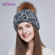 ENJOYFUR Handmade Warm Winter Hats For Women Real Fox/Raccoon Fur Pompom Beanies Mix-color Wool Hat For Girls 2024 - buy cheap