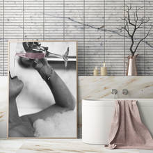 Moda mulher bebendo champanhe na bolha de banho impressões em tela moderna pintura na parede imagem cartaz para decoração do banheiro 2024 - compre barato
