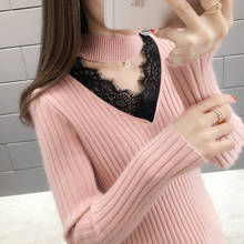 Elastic Knitted Sweater Pullover Autumn Winter Women Clothing Hollow Lace Stitching Slim Long Sleeve Half Turtleneck Sweater 2024 - buy cheap