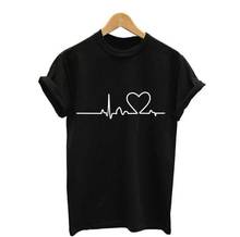 Electrocardiograma coração impressão t camisa feminina manga curta o pescoço solto tshirt 2020 verão moda feminina camiseta topos 2024 - compre barato