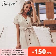 Simplee Vintage buttons women dress shirt V neck short sleeve cotton linen short summer office dresses Casual korean vestidos 2024 - buy cheap